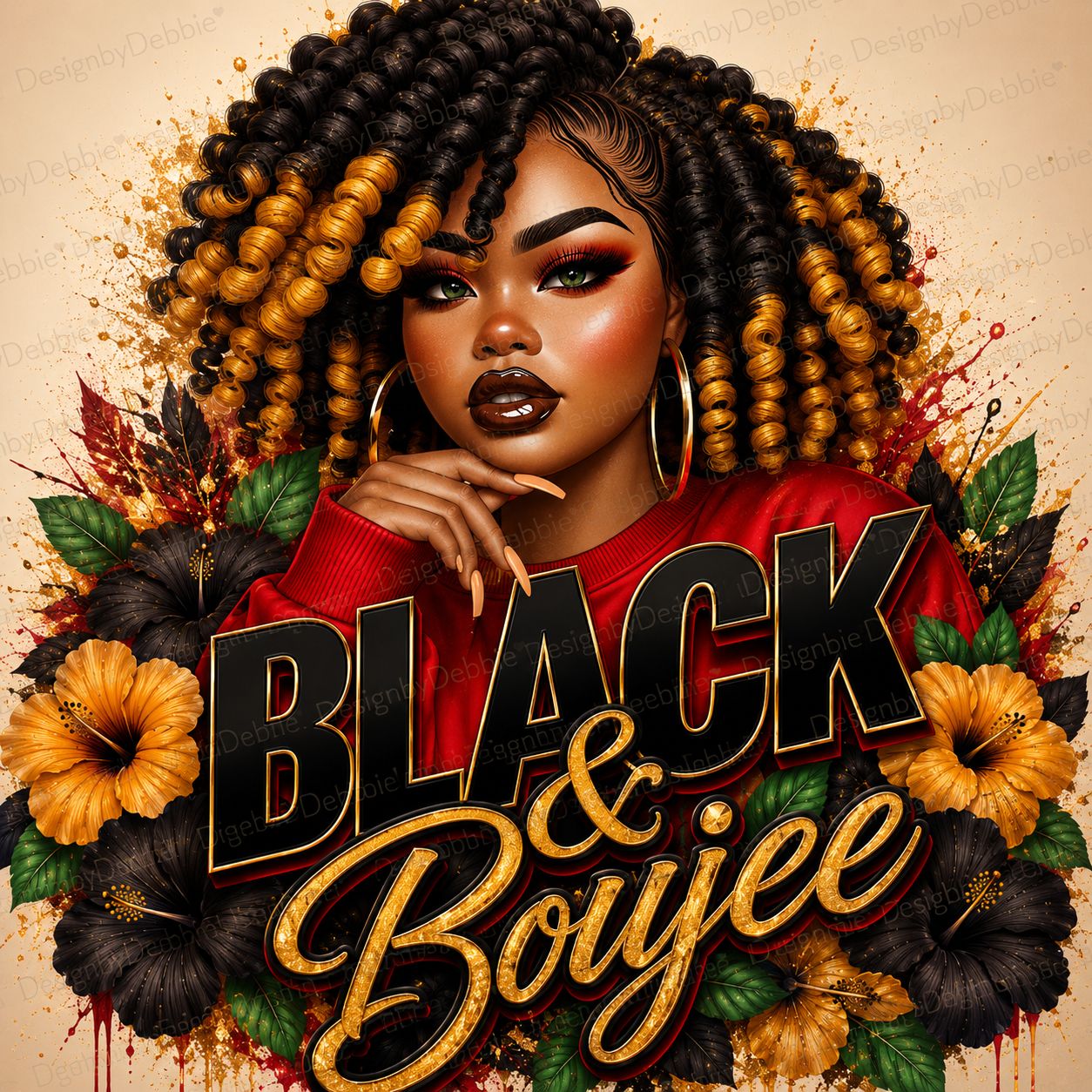 Black & Boujee portrait with golden curls and flowers — featured Digital Downloads artwork